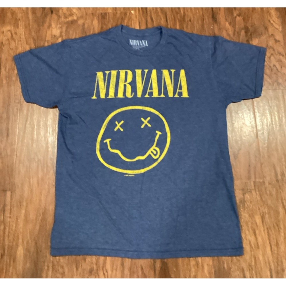 Nirvana T-Shirt Mens Size Large Blue Smiley Face Grunge Band Graphic Tee